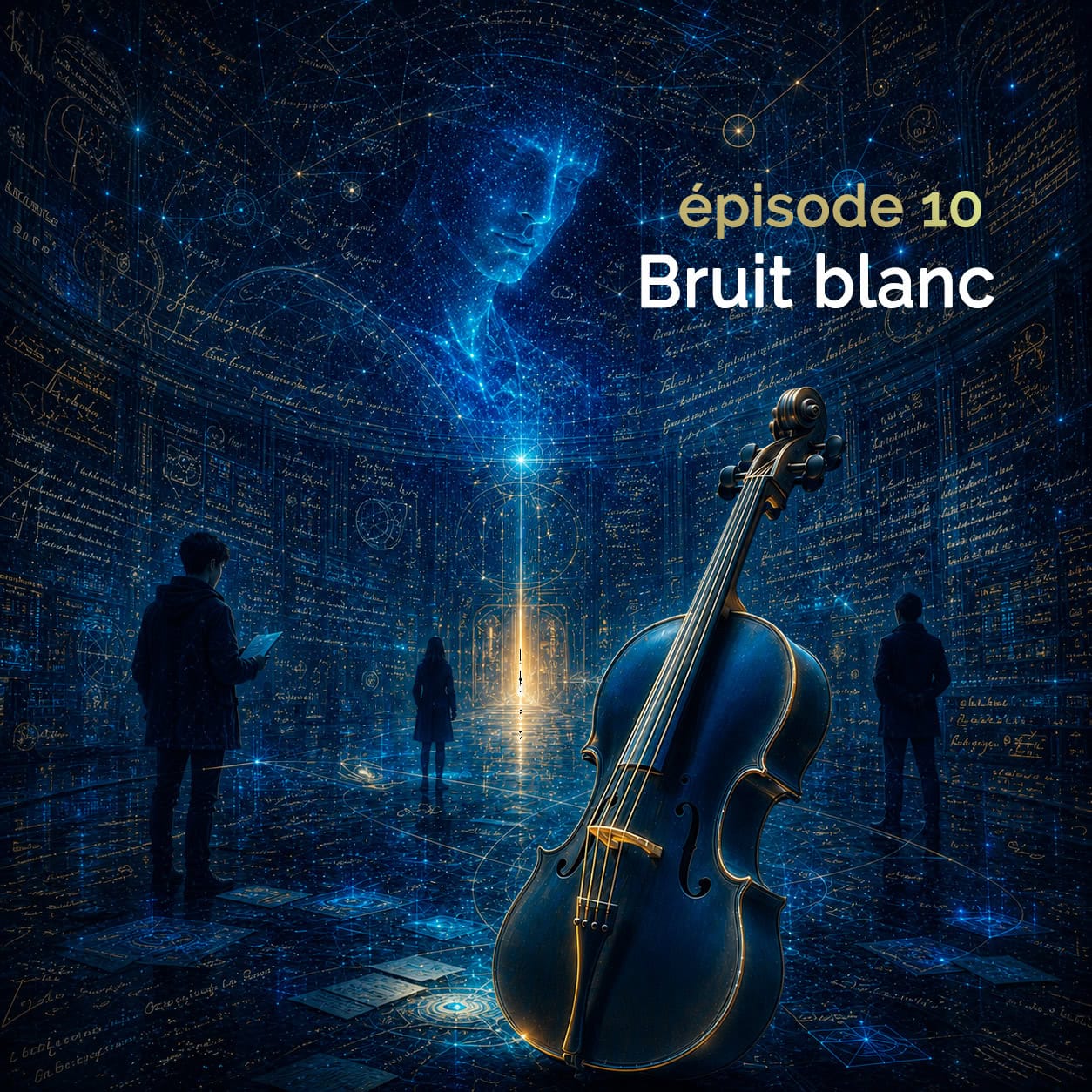 Illustration futuriste avec violon et figures humaines dans un monde numérique.